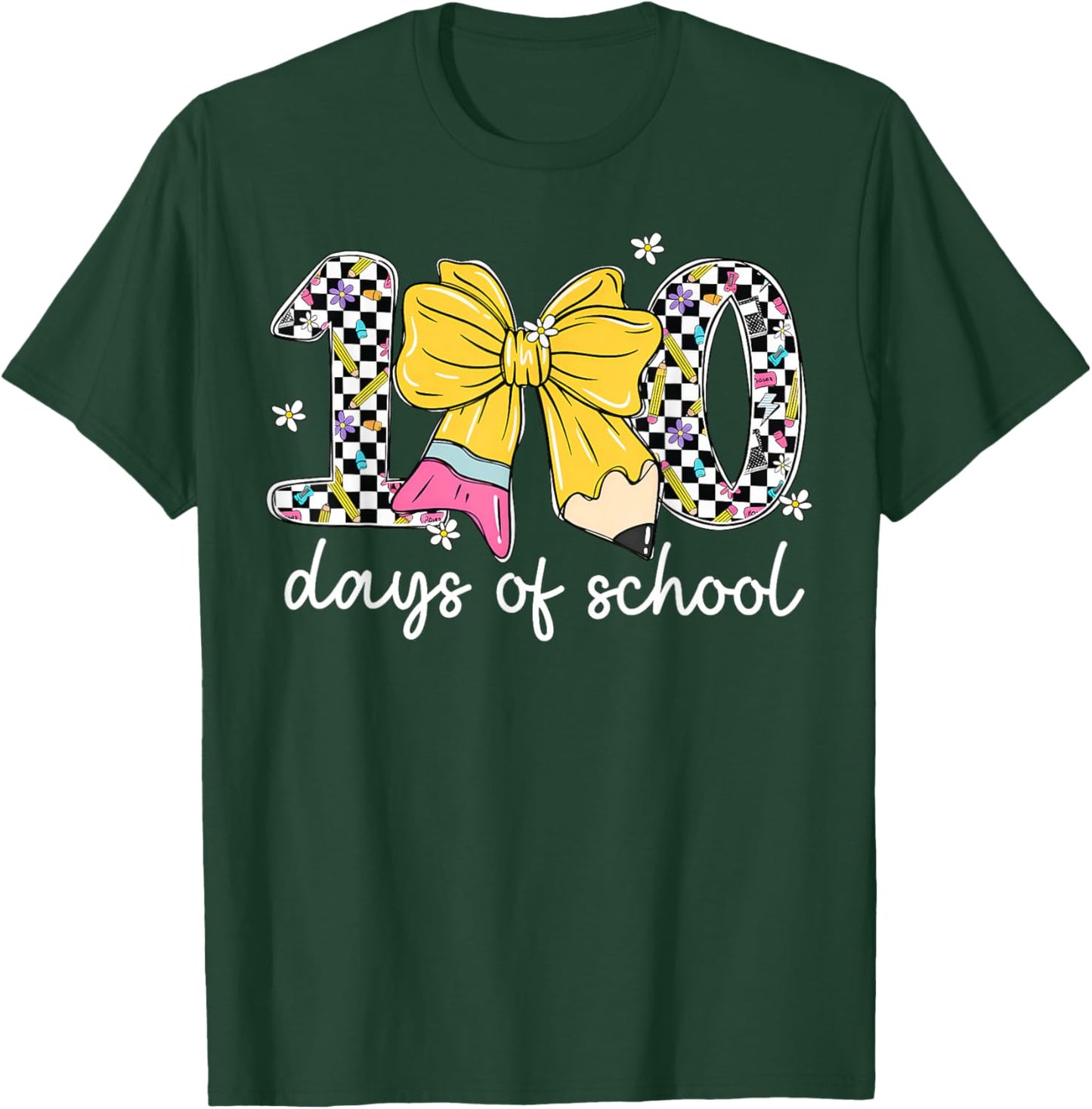 Floral Checkered 100 Days of School Pencil Bow Women Girl T-Shirt - T-Shirt | Forest