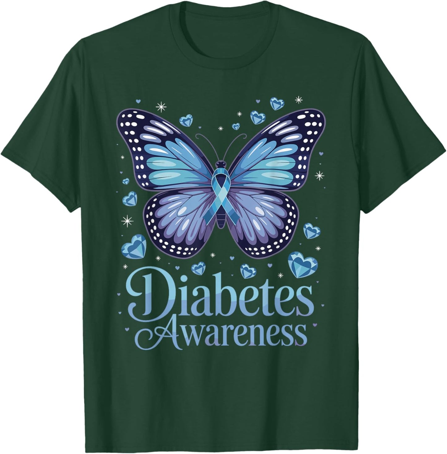 Diabetes Awareness Butterfly Blue Ribbon T1D T-Shirt - T-Shirt | Forest