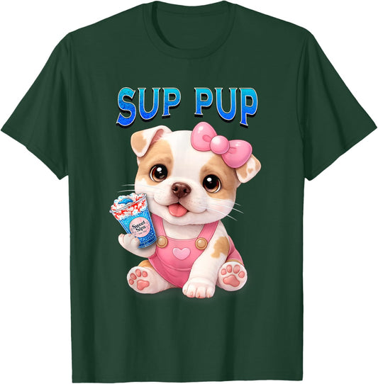 Sup Pup Cute Pitbull Puppy with Sweet Sips Cartoon Dog T-Shirt - T-Shirt | Forest