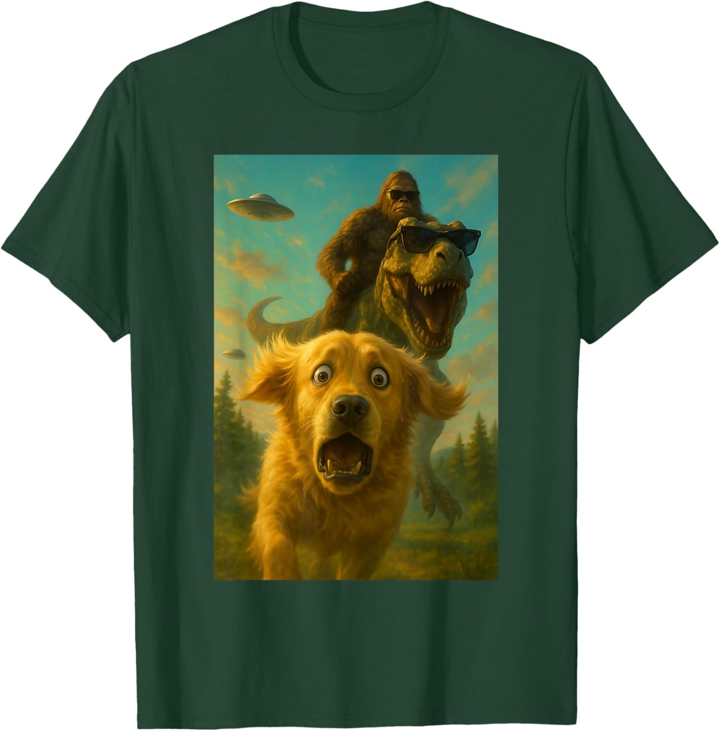 Terrified Golden Retriever T-Rex Bigfoot UFO Selfie Design T-Shirt - T-Shirt | Forest