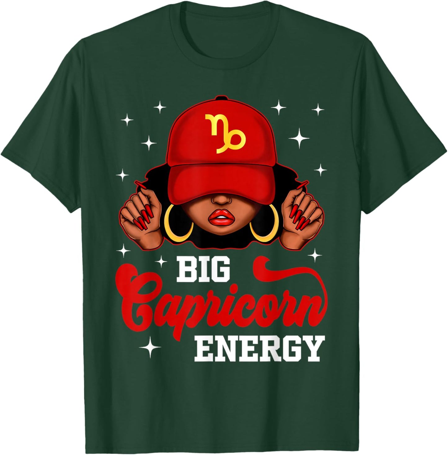 Big Capricorn Energy Black Woman with Red Cap Zodiac T-Shirt - T-Shirt | Forest