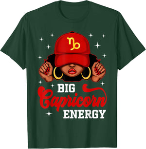Big Capricorn Energy Black Woman with Red Cap Zodiac T-Shirt - T-Shirt | Forest