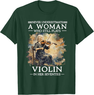 Never Underestimate A Woman Who Still Plays Violin in 70s T-Shirt - T-Shirt | Forest