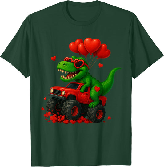Valentines Day T Rex Riding Monster Truck Funny Toddler Boys T-Shirt - T-Shirt | Forest