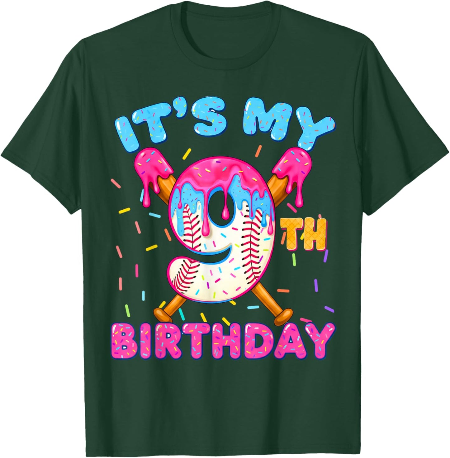 9th Birthday Baseball 9 Year Old Ice Cream Drip Boy Baseball T-Shirt - T-Shirt | Forest