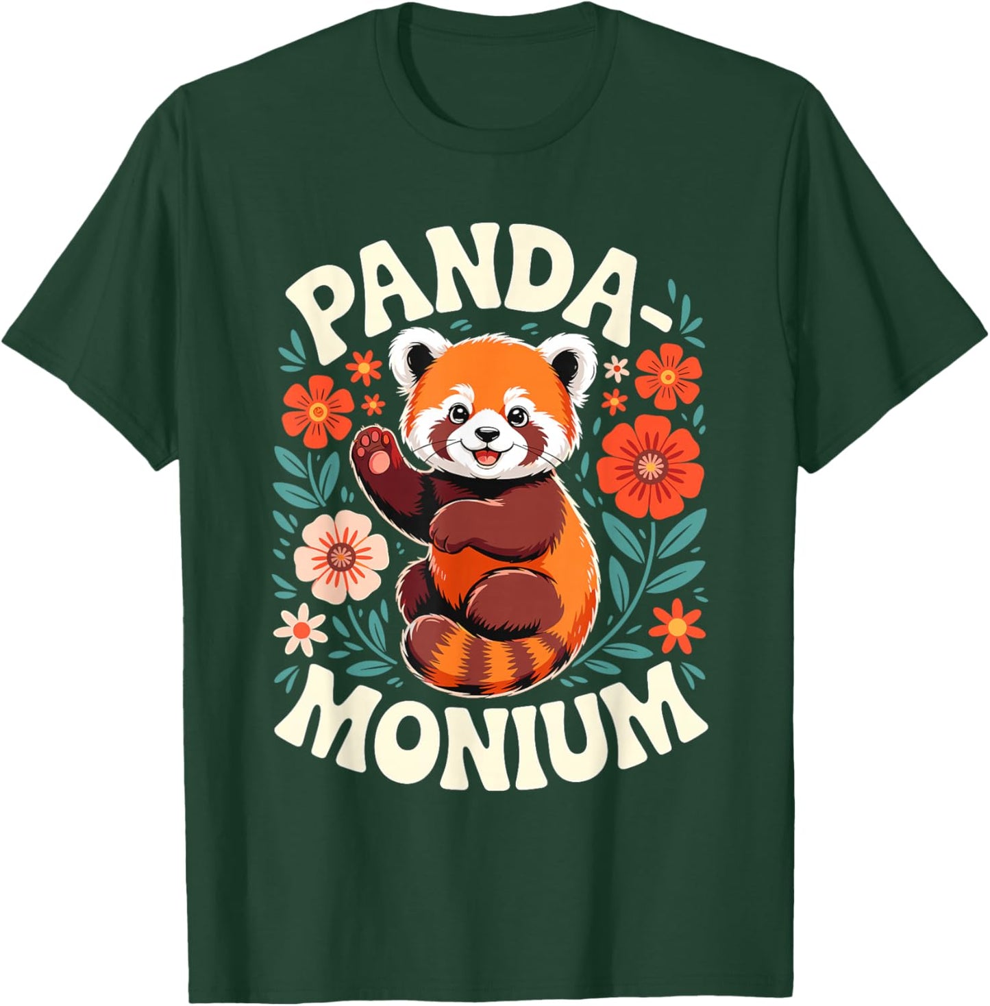 Animal Puns Panda-Monium Cute Floral Red Panda T-Shirt - T-Shirt | Forest