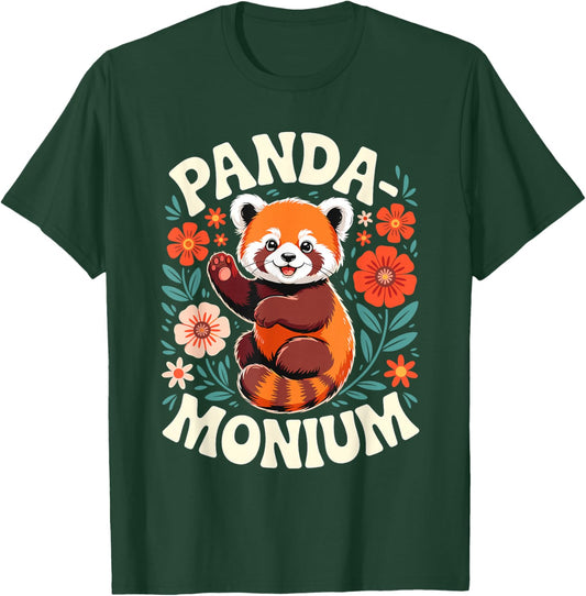 Animal Puns Panda-Monium Cute Floral Red Panda T-Shirt - T-Shirt | Forest