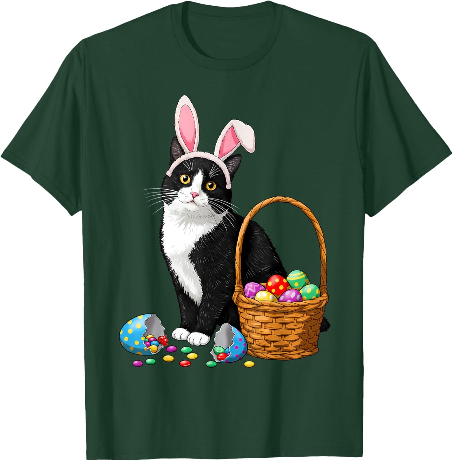 Easter Day Cat Bunny Ears Eggs Graphic Men Women Kids Funny T-Shirt - T-Shirt | Forest