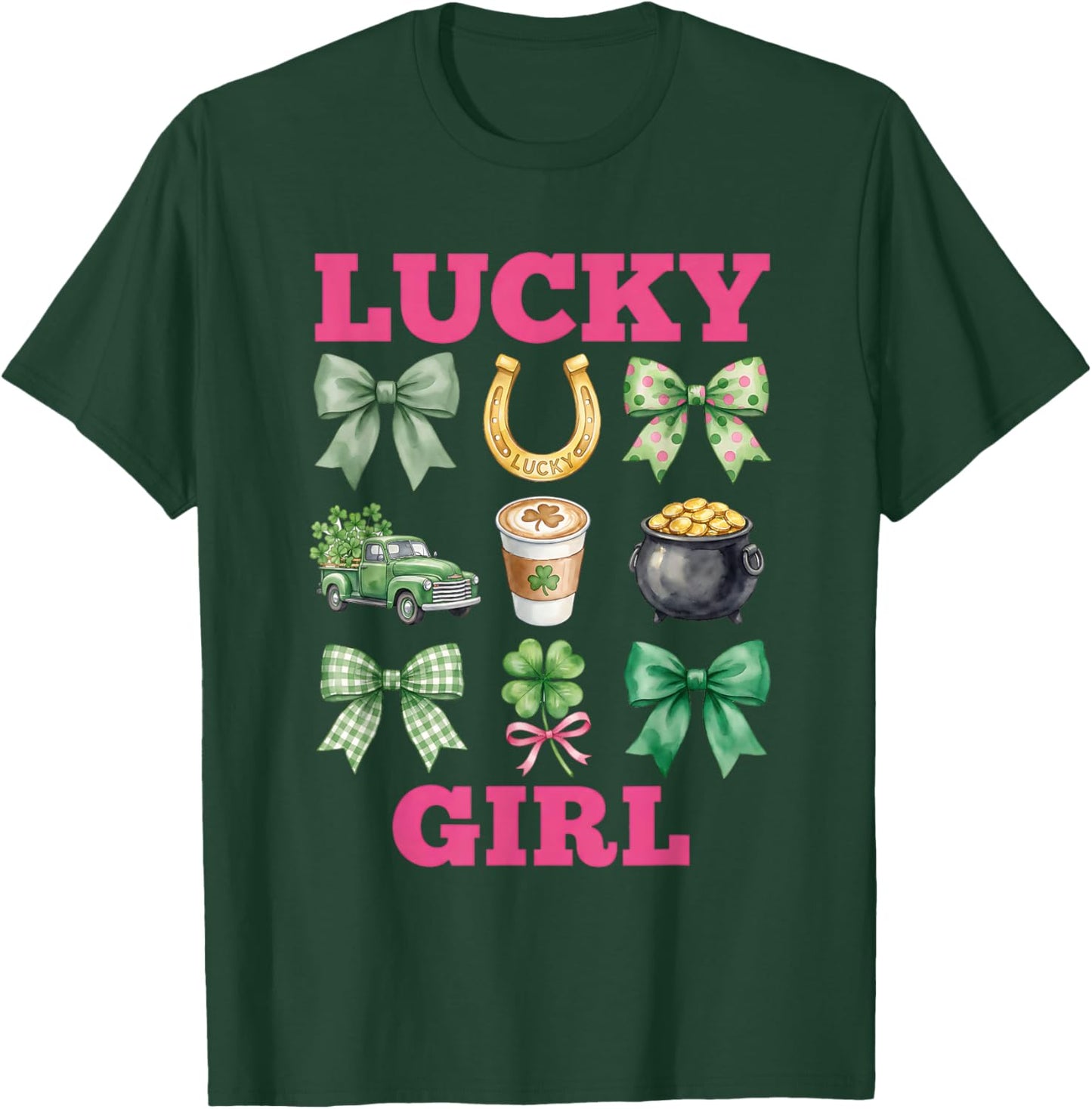 Lucky Girl Coquette Bows Pink Green St Patricks Day Women T-Shirt - T-Shirt | Forest