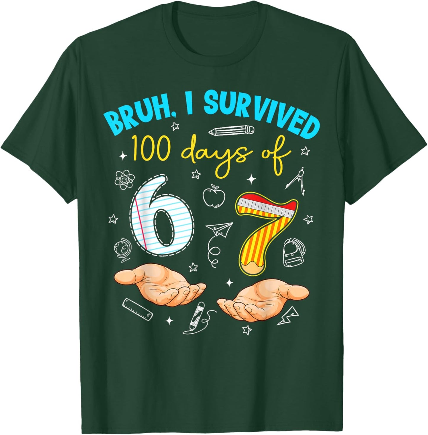 Bruh I Survived 100 Days of 67 100th Day of School Teachers T-Shirt - T-Shirt | Forest