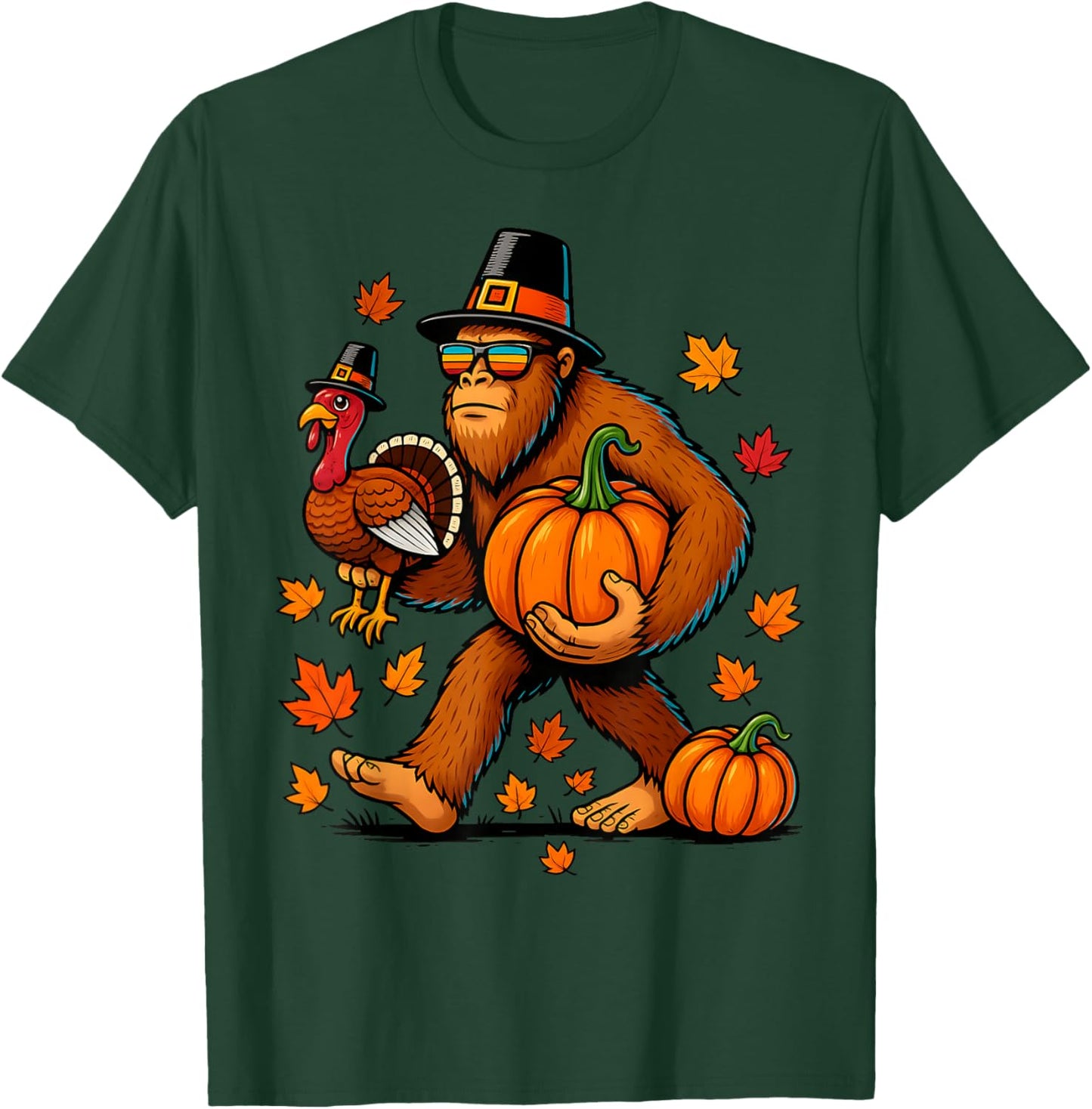 Pilgrim Turkey Pumpkin Thanksgiving Day Bigfoot Boys Men T-Shirt - T-Shirt | Forest