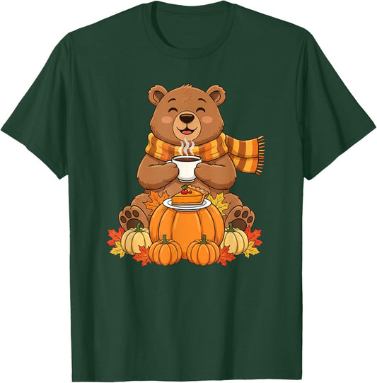 Funny Bear Coffee Autumn Thanksgiving Kids T-Shirt - T-Shirt | Forest