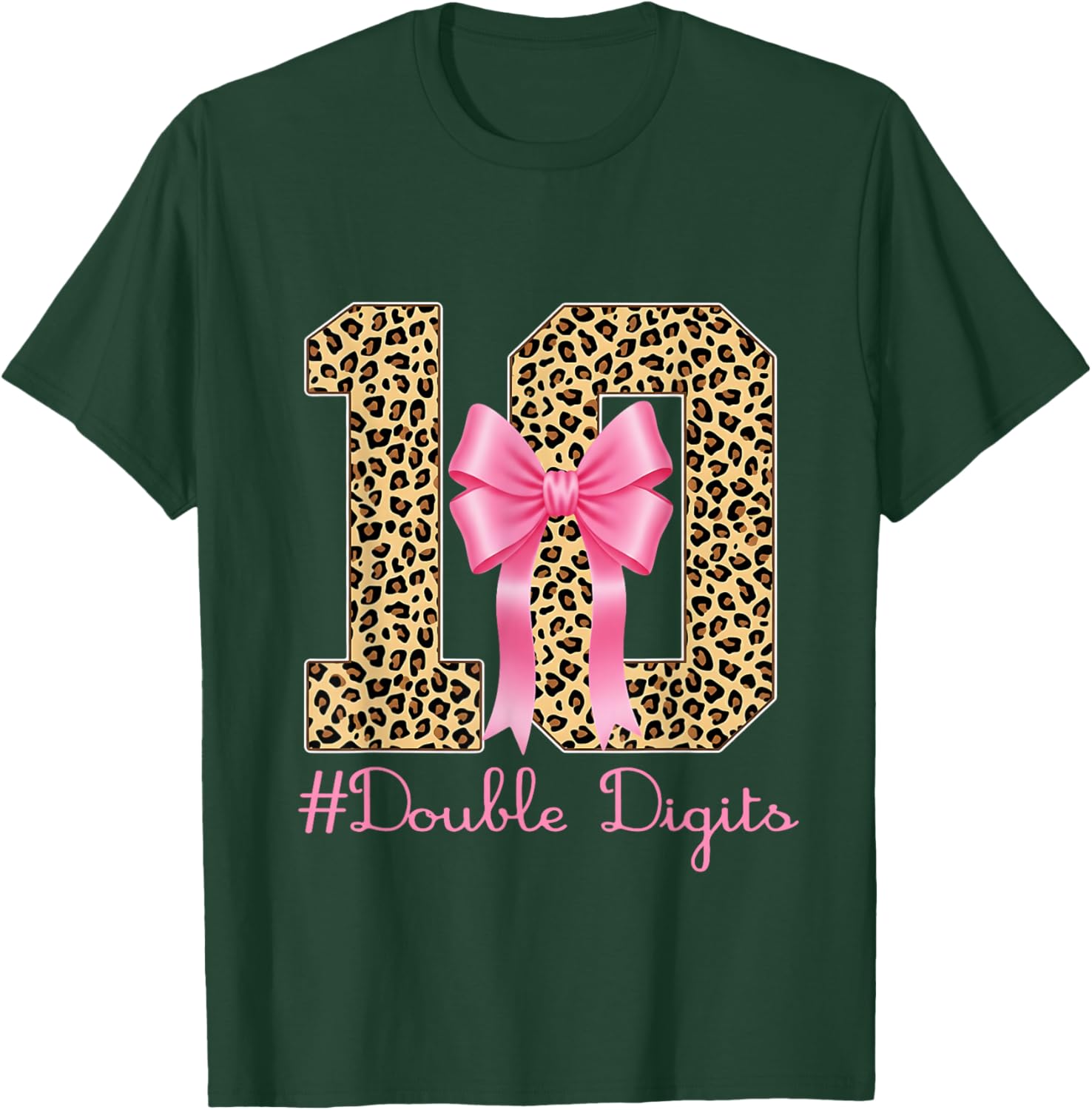 10th Birthday Double Digits Girl Coquette Bow Leopard 10year T-Shirt - T-Shirt | Forest