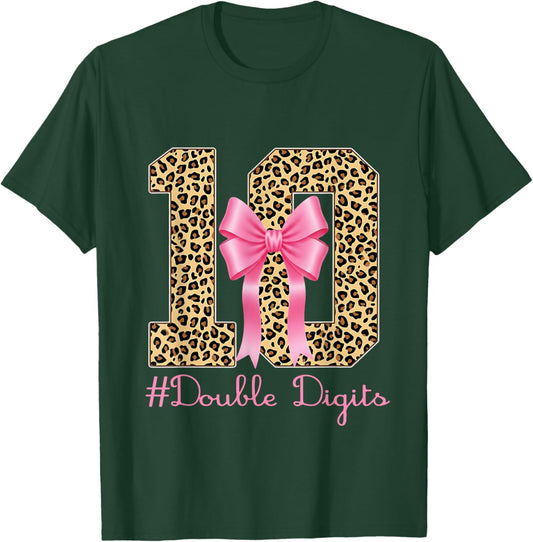 10th Birthday Double Digits Girl Coquette Bow Leopard 10year T-Shirt - T-Shirt | Forest