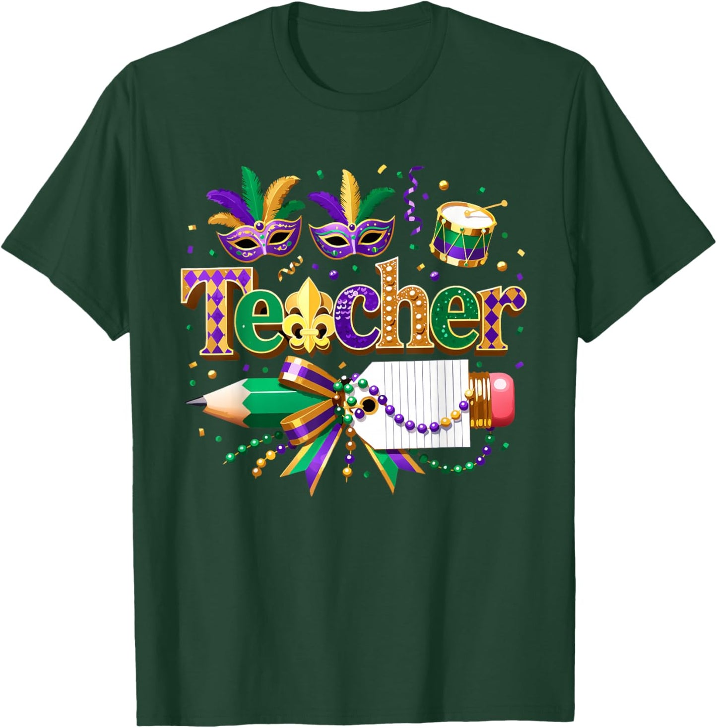 Custom Mardi Gras Teacher Coquette Pencil Holiday Mask Bow T-Shirt - T-Shirt | Forest