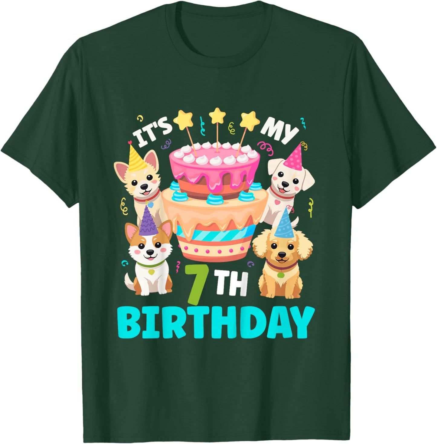 7th Dog Birthday Party Seven Year Old Puppy Birthday T-Shirt - T-Shirt | Forest