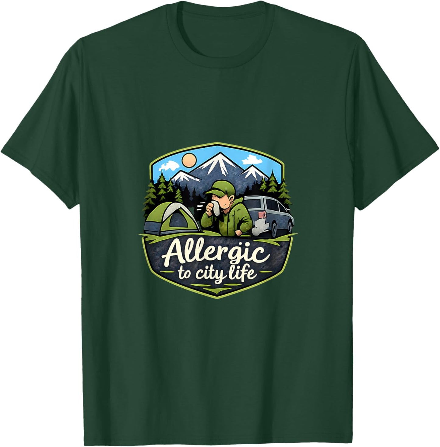 Allergic to City Life Camping Mountain Badge T-Shirt - T-Shirt | Forest