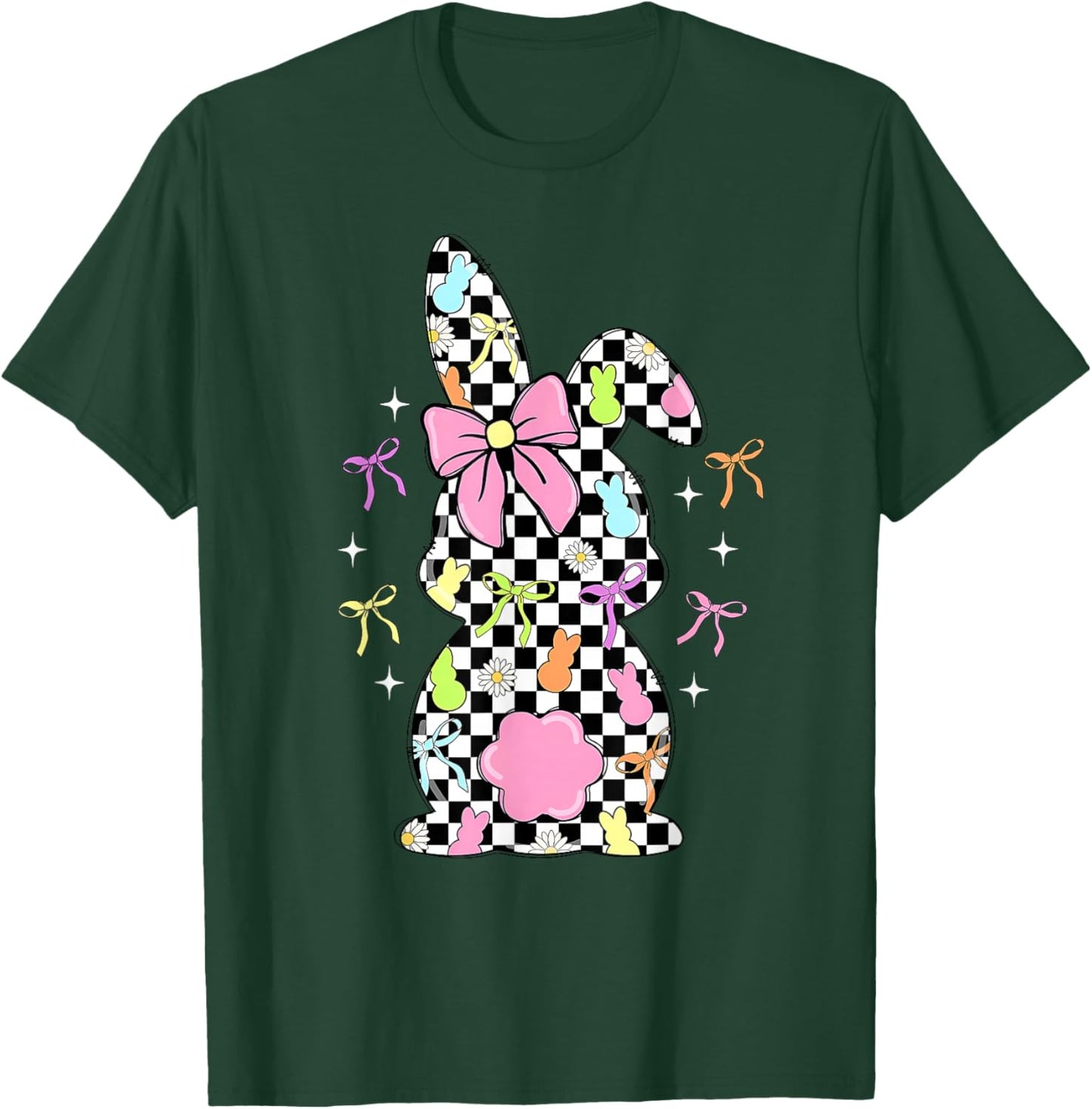 Funny Bunny Checkered Coquette Bow Rabbit Eggs Easter Retro T-Shirt - T-Shirt | Forest