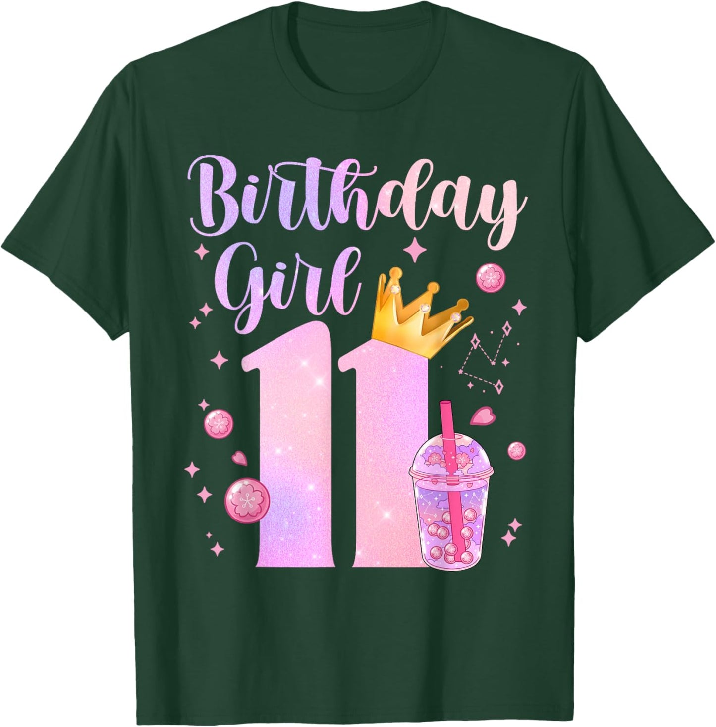 Birthday Girl 11 Yrs Old Boba Tea Theme Party 11th Bday Kids T-Shirt - T-Shirt | Forest
