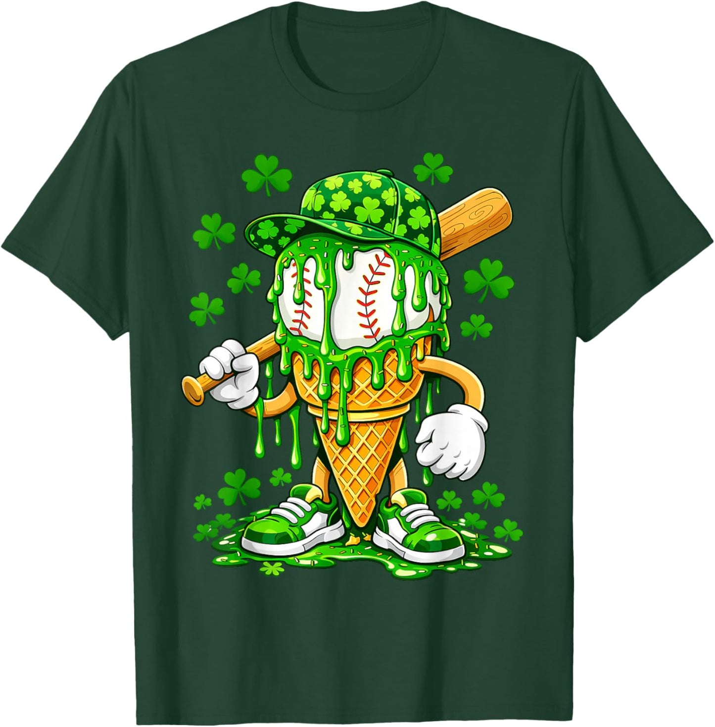 St Patricks Day Baseball Ice Cream Drip Shamrock Kids Boys T-Shirt - T-Shirt | Forest