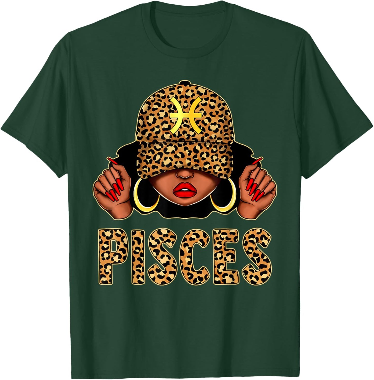 Pisces Black Woman Leopard Cap Hat Zodiac Sign Birthday T-Shirt - T-Shirt | Forest