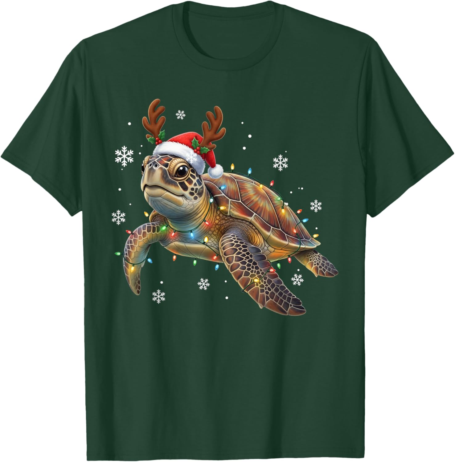 Sea Turtle Christmas Lights Funny Santa Hat Gifts Men Women T-Shirt - T-Shirt | Forest