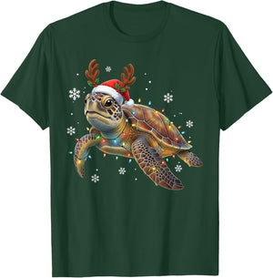 Sea Turtle Christmas Lights Funny Santa Hat Gifts Men Women T-Shirt - T-Shirt | Forest