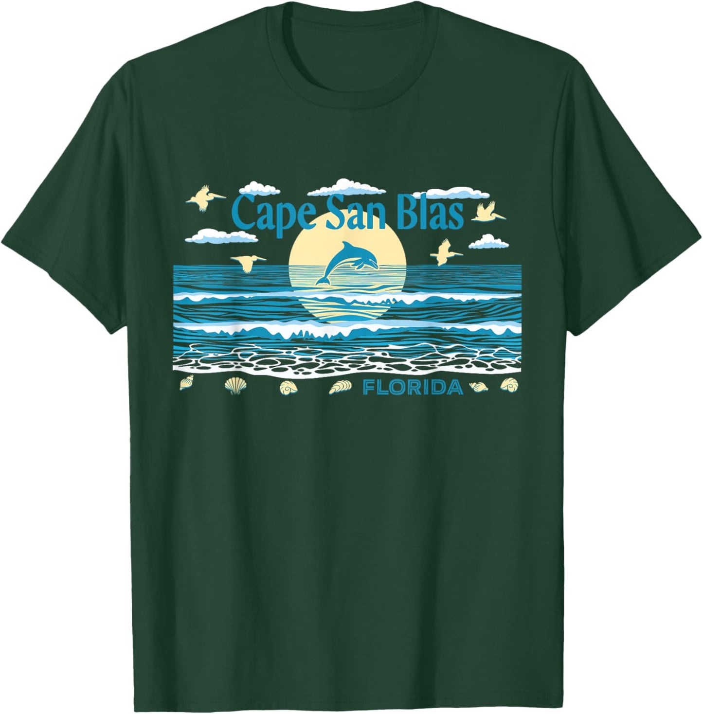 Cape San Blas FL Dolphin Pelican Waves Beach Vacation T-Shirt - T-Shirt | Forest