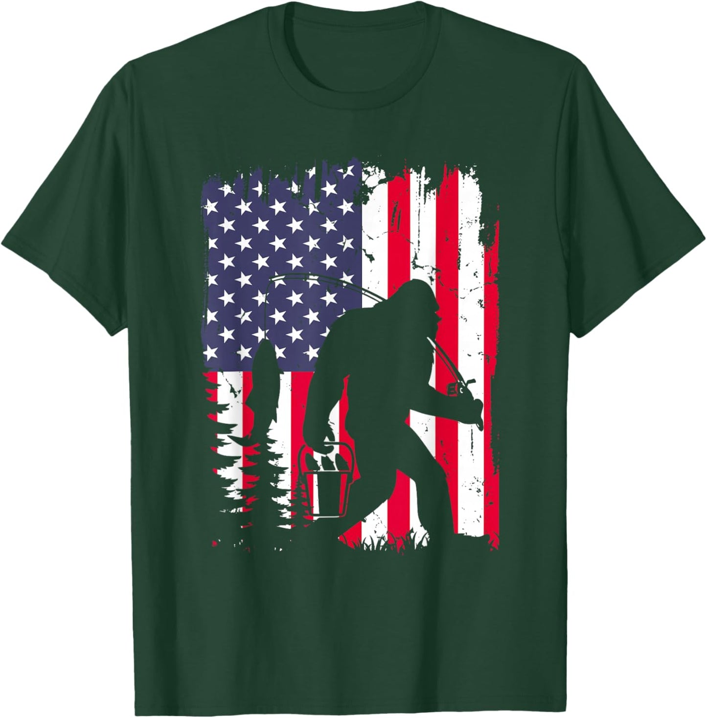 Funny Bigfoot Fishing American Flag USA Sasquatch Gift T-Shirt - T-Shirt | Forest