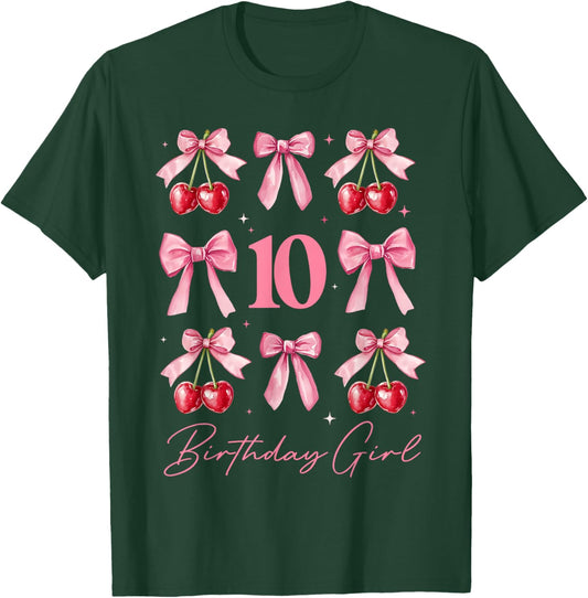 Birthday Girl 10th Birthday Cherry Coquette Bow 10 Year Old T-Shirt - T-Shirt | Forest