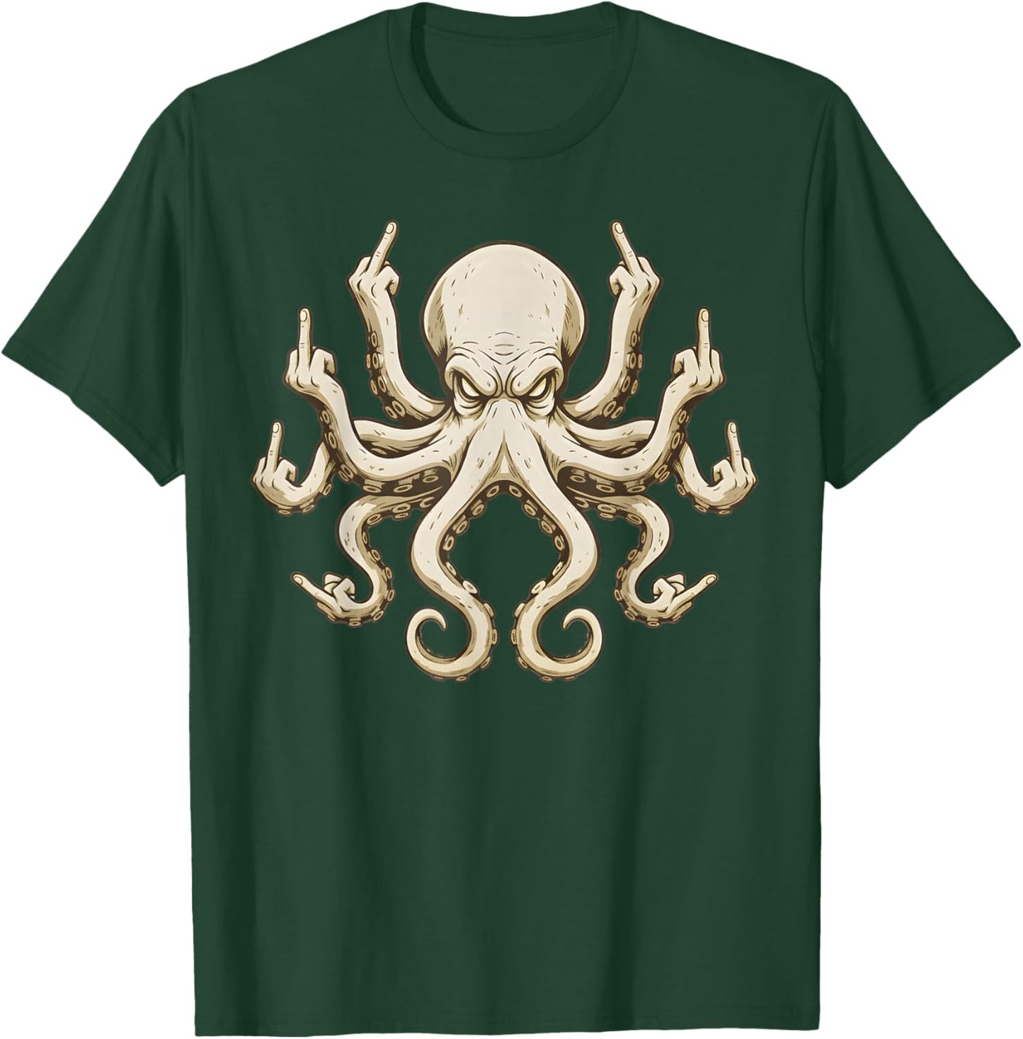 (on Back) Angry Octopus Middle Finger Novelty Fun Meme Humor T-Shirt - T-Shirt | Forest