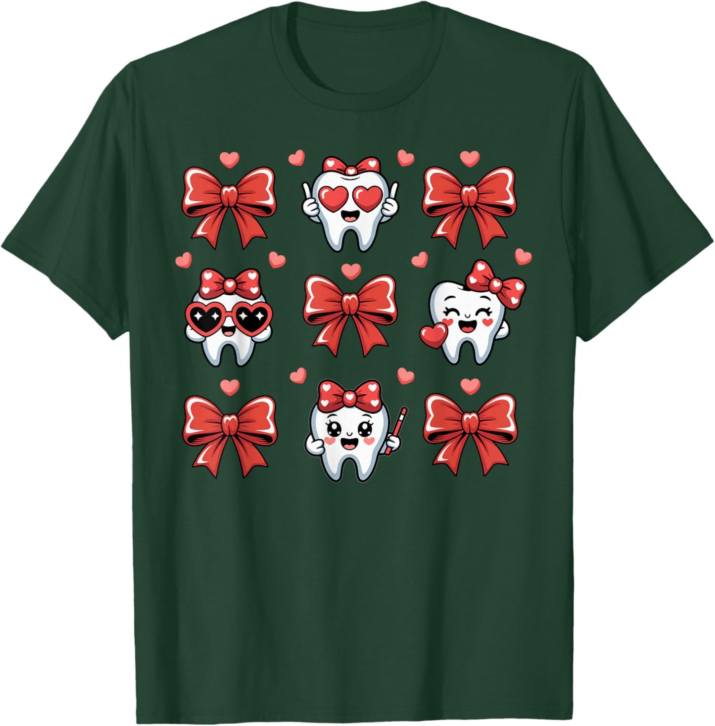 Dental Valentines Day Teeth Coquette Bow Women Girls Kids T-Shirt - T-Shirt | Forest