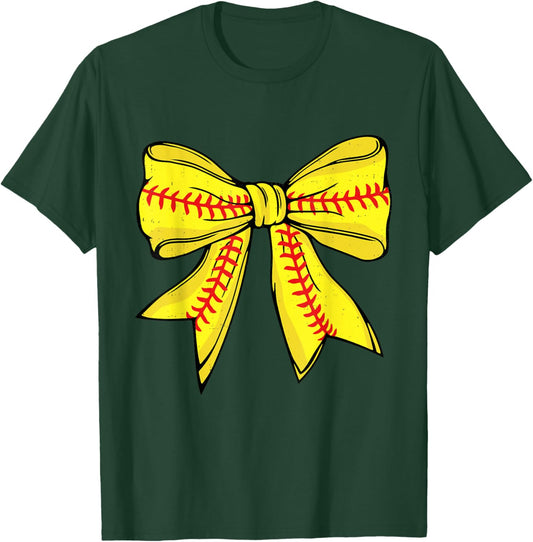 Cute Softball Coquette Bow Women Girls Cheer Mom Mama Mother T-Shirt - T-Shirt | Forest