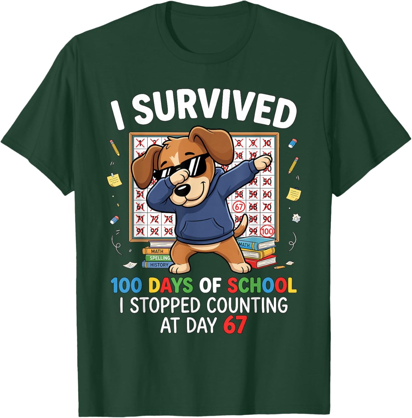 100 Days of School 67 Humor Dabbing Dog Students Teachers T-Shirt - T-Shirt | Forest
