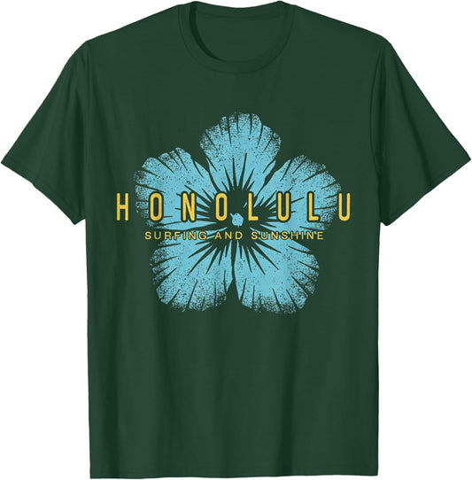 Vintage Hibiscus Flower Hawaiian Surf and Sunshine T-Shirt - T-Shirt | Forest
