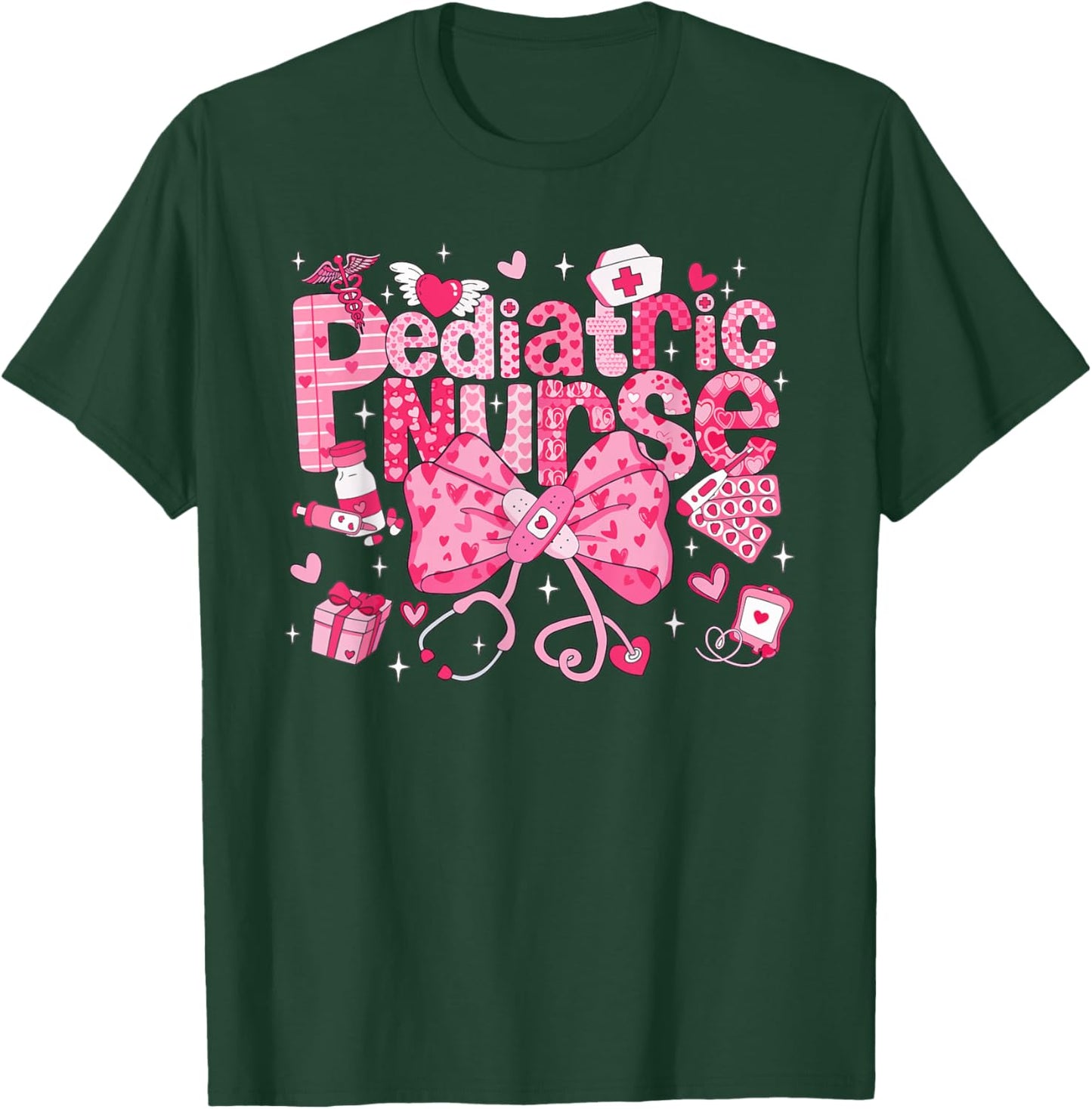 Pediatric Nurse Valentines Peds RN Heart Medical Bow T-Shirt - T-Shirt | Forest