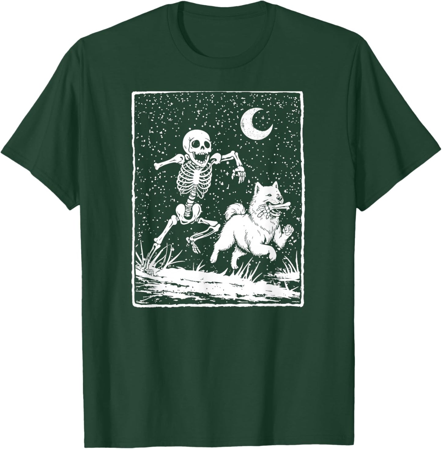 Skeleton Chasing Samoyed Dog – Spooky Halloween T-Shirt - T-Shirt | Forest