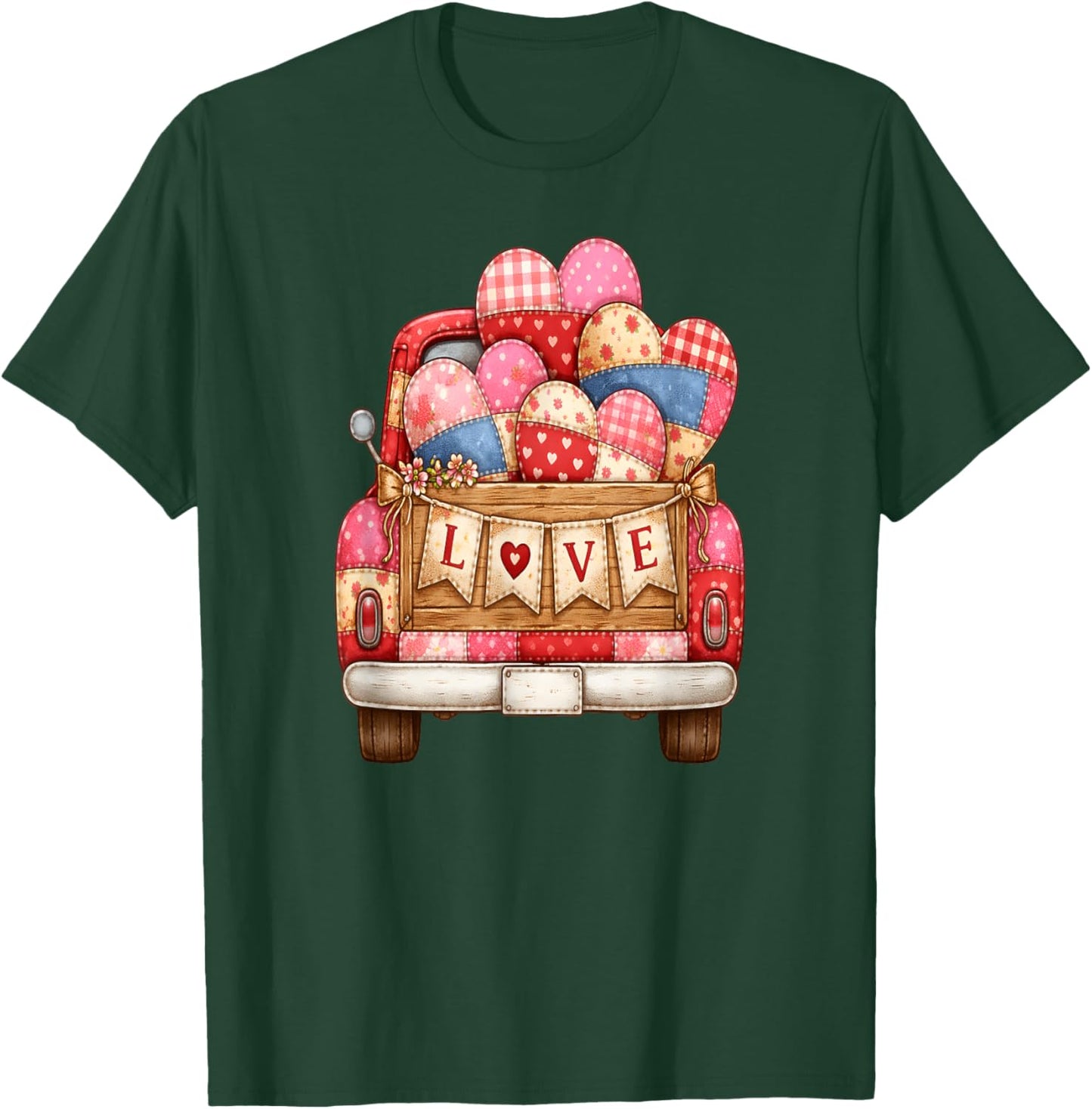 Vintage Valentine Truck Farmhouse Love with Quilted Hearts T-Shirt - T-Shirt | Forest