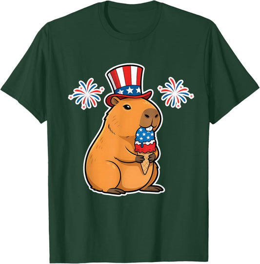 4th of July USA Capybara Ice Cream Cone Funny Patriotic T-Shirt - T-Shirt | Forest