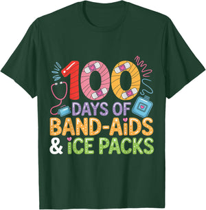 School Nurse 100 Days Band Aids Ice Packs 100 Days of School T-Shirt - T-Shirt | Forest
