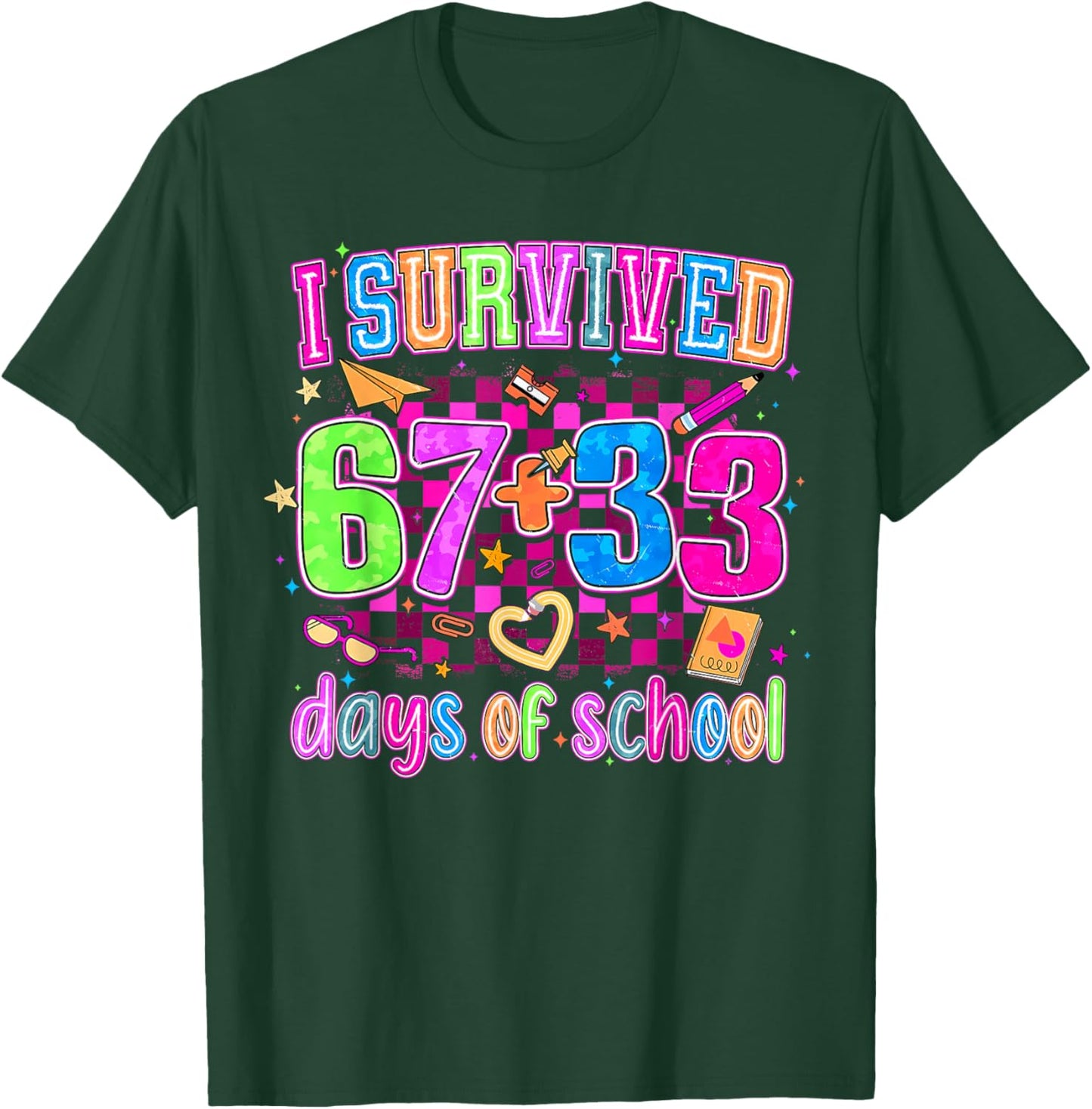 Preppy I Survived 67 + 33 100 Days of School Teacher Student T-Shirt - T-Shirt | Forest
