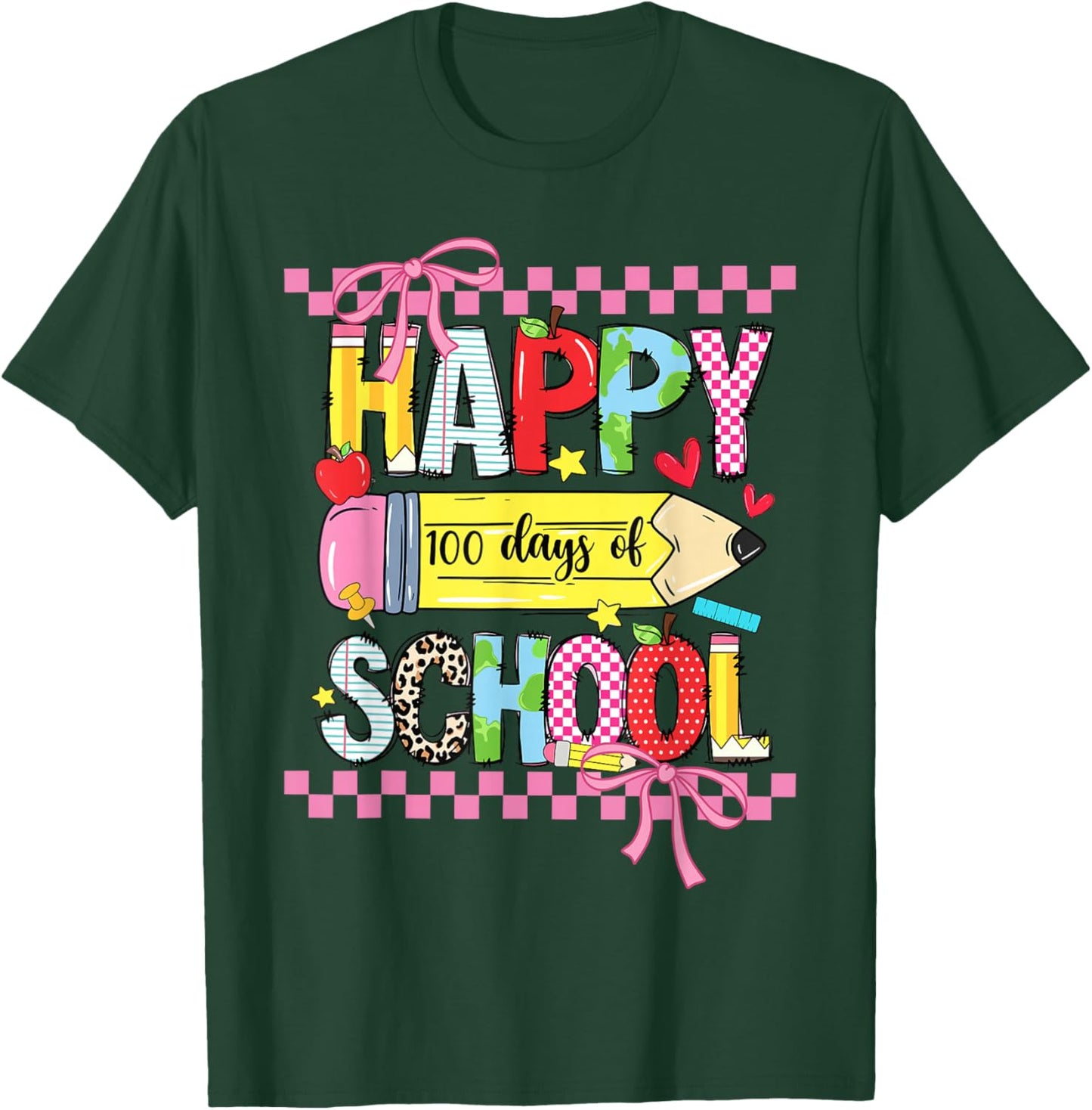 Happy 100th Day of School Teacher Girls Coquette Bow 100 Day T-Shirt - T-Shirt | Forest