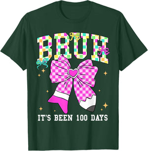 Bruh Its Been 100 Days Pink Checkered Pencil Bow Women Girl T-Shirt - T-Shirt | Forest