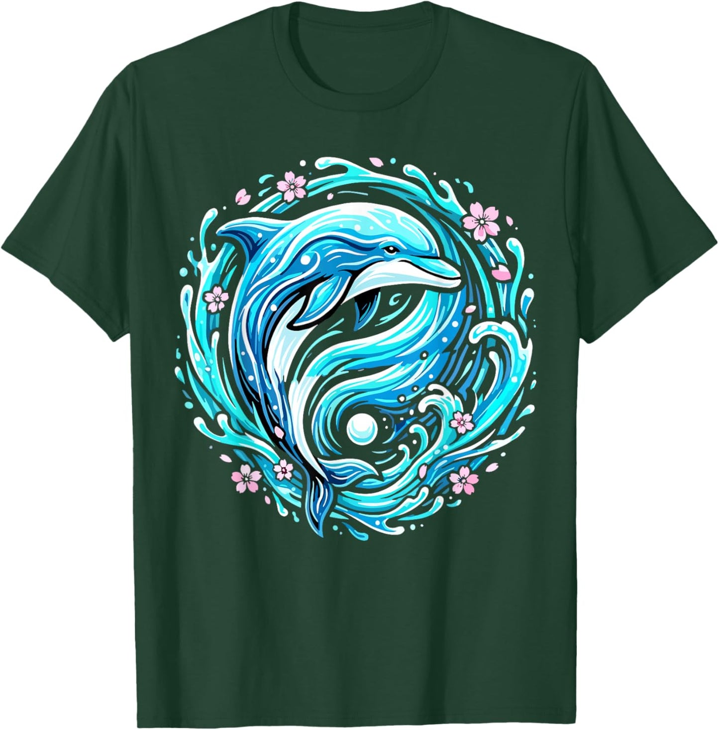 Cute Dolphin Ocean Wave Floral T-Shirt - T-Shirt | Forest