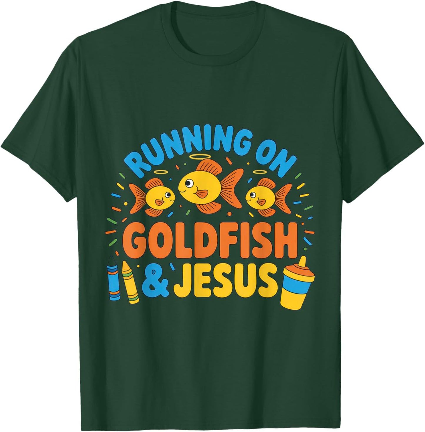 Running on Goldfish and Jesus Funny Christian Mom Life Kids T-Shirt - T-Shirt | Forest