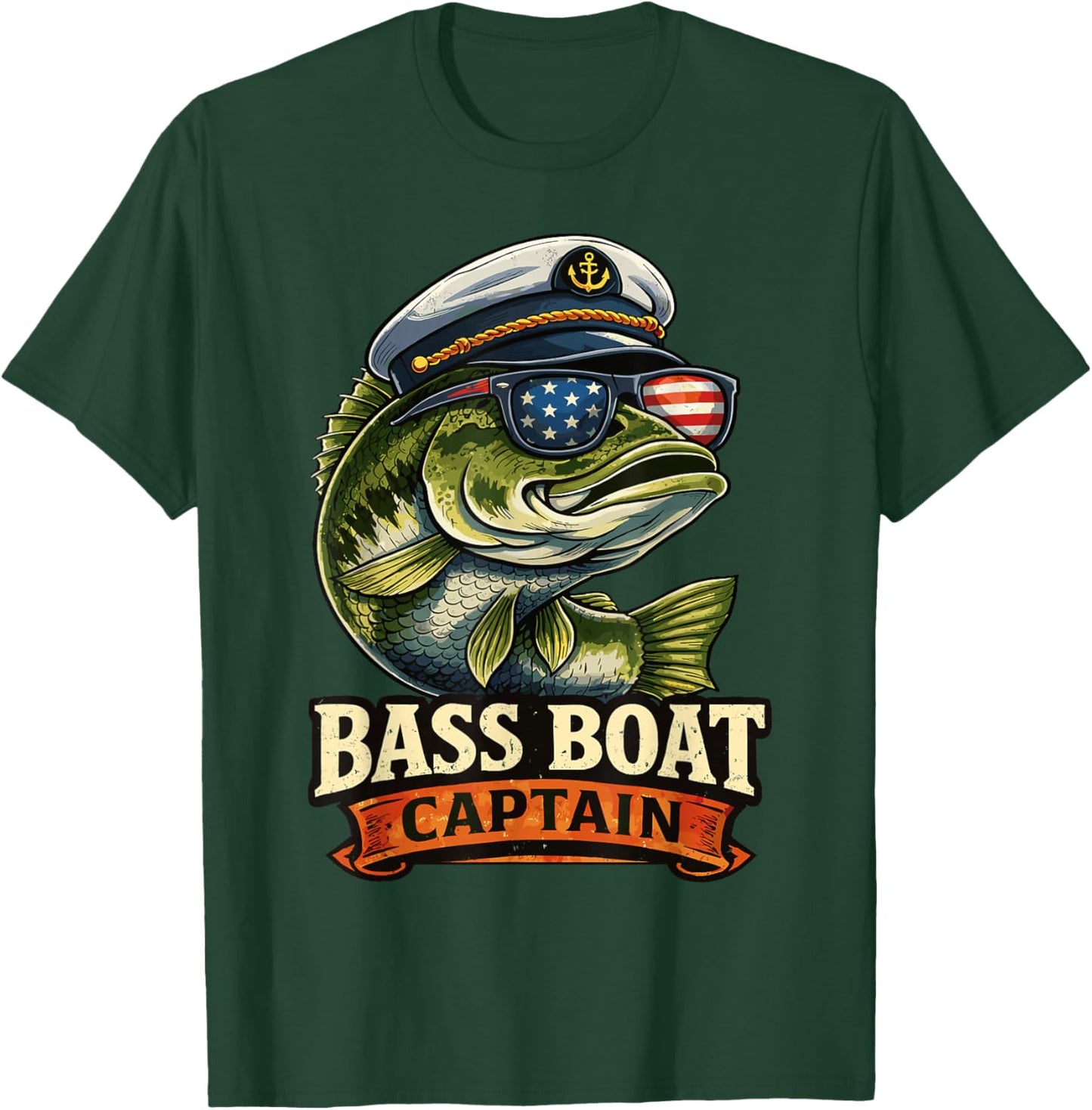 Funny Bass Boat Captain Patriotic American Flag Fishing T-Shirt - T-Shirt | Forest