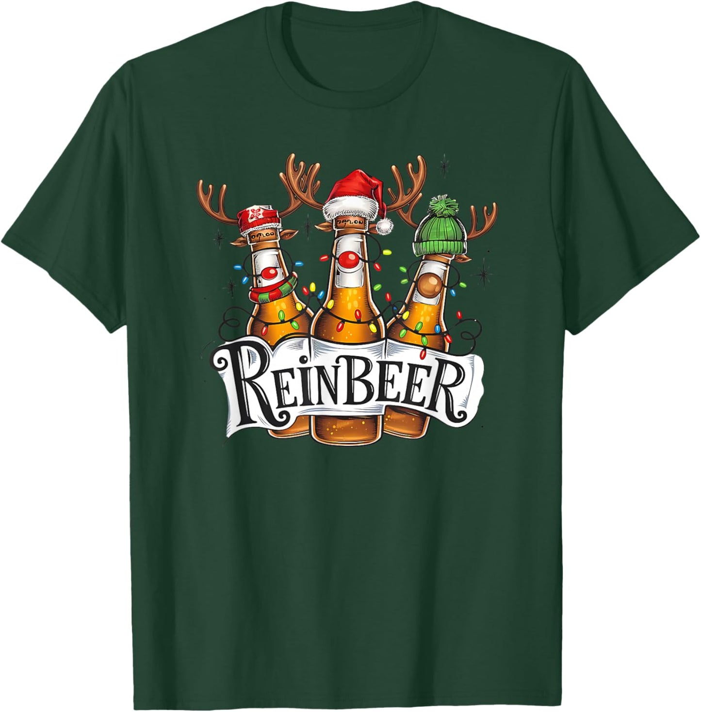Reinbeer Beer Bottles Wearing Deer Hat Christmas Drinking T-Shirt - T-Shirt | Forest