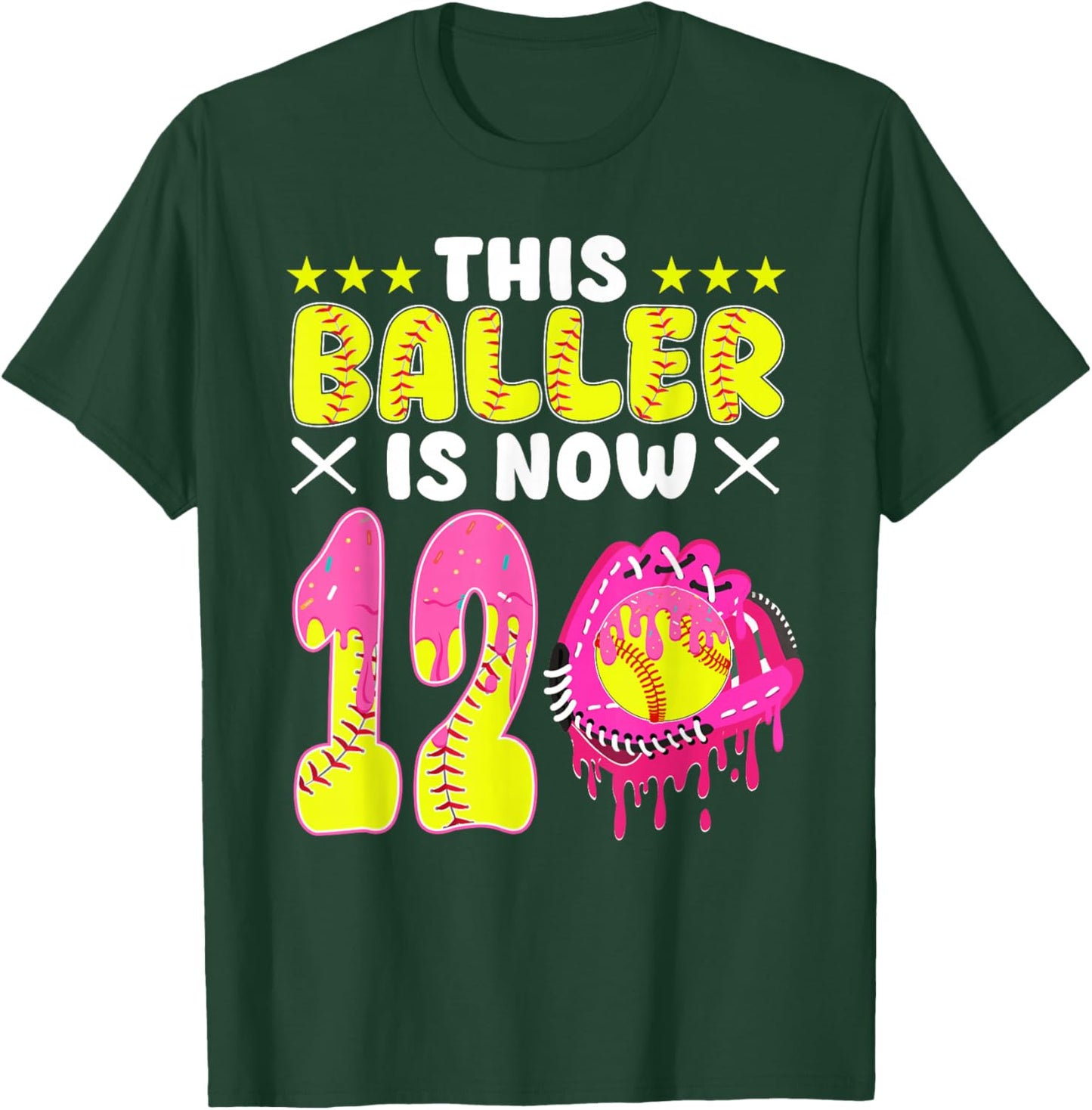 This Baller is Now 12 Year Old Bday Softball Ice Cream Drip T-Shirt - T-Shirt | Forest