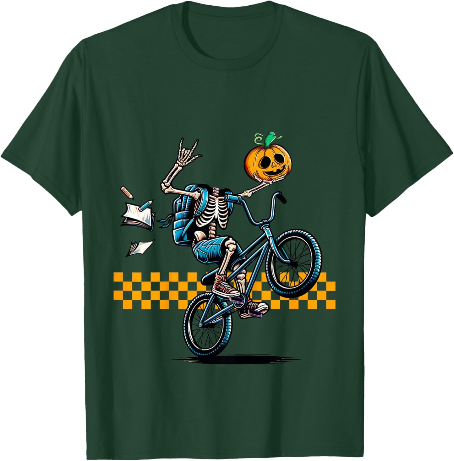 Kids Kids Halloween Skeleton Riding a BMX Bike Popping a Wheelie T-Shirt - T-Shirt | Forest