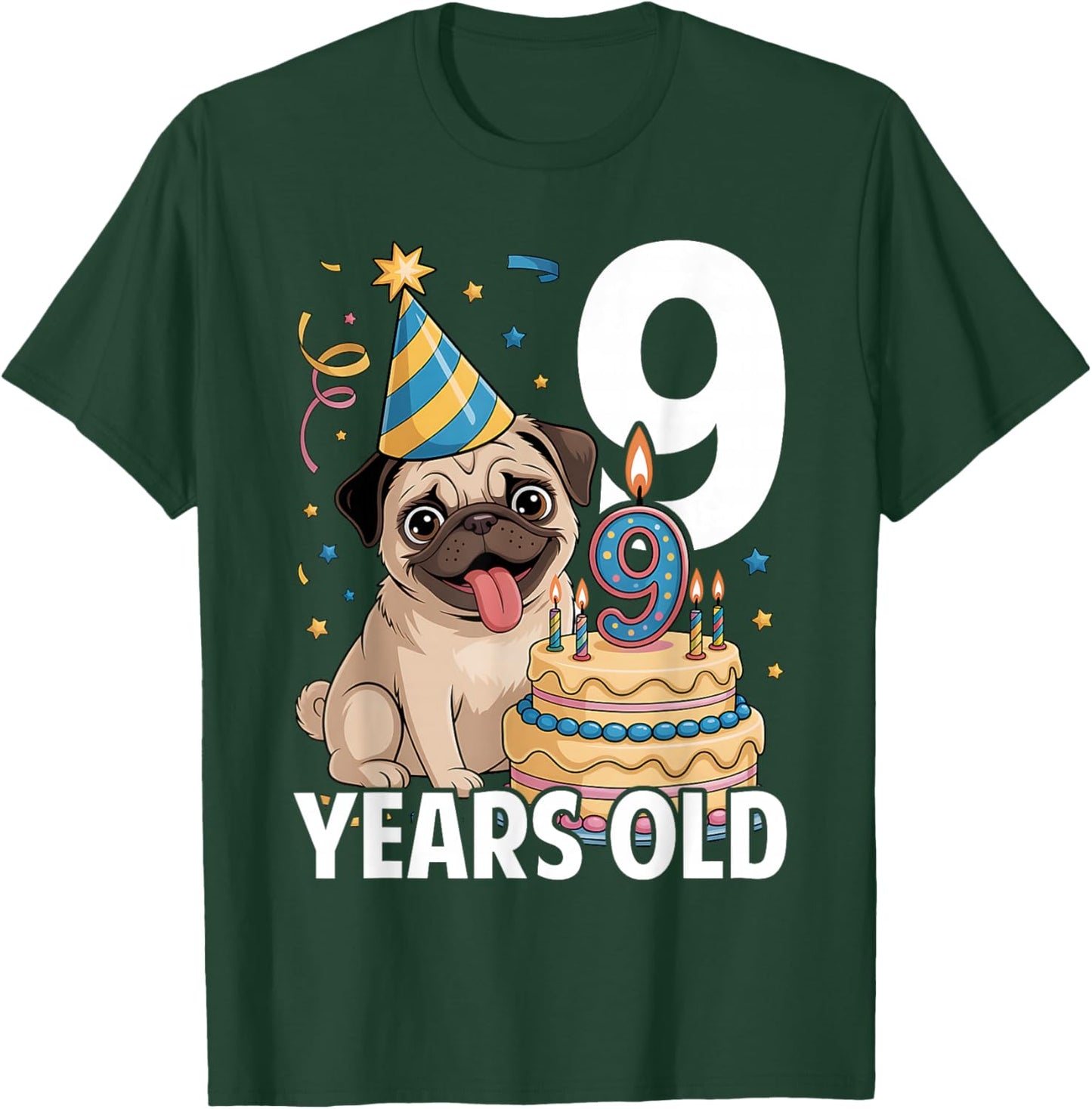9 Years Old Birthday Pug Dog Lover Party Kids Boys Girls T-Shirt - T-Shirt | Forest
